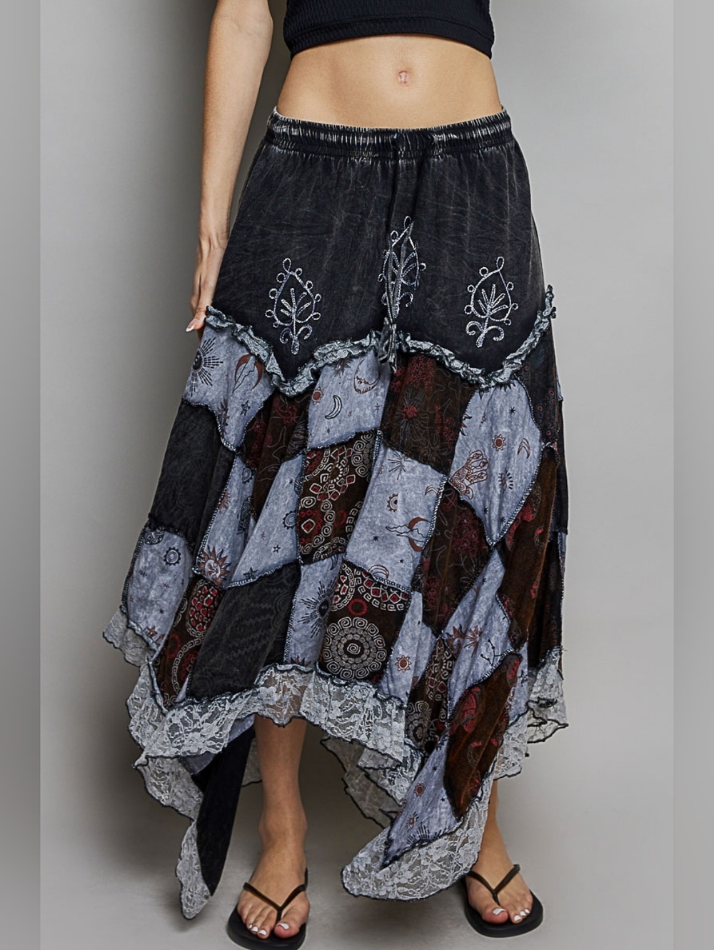 POL 100% Cotton Embroidered Patchwork Handkerchief Hem Lace Trim Maxi Skirt - Picture 14 of 16